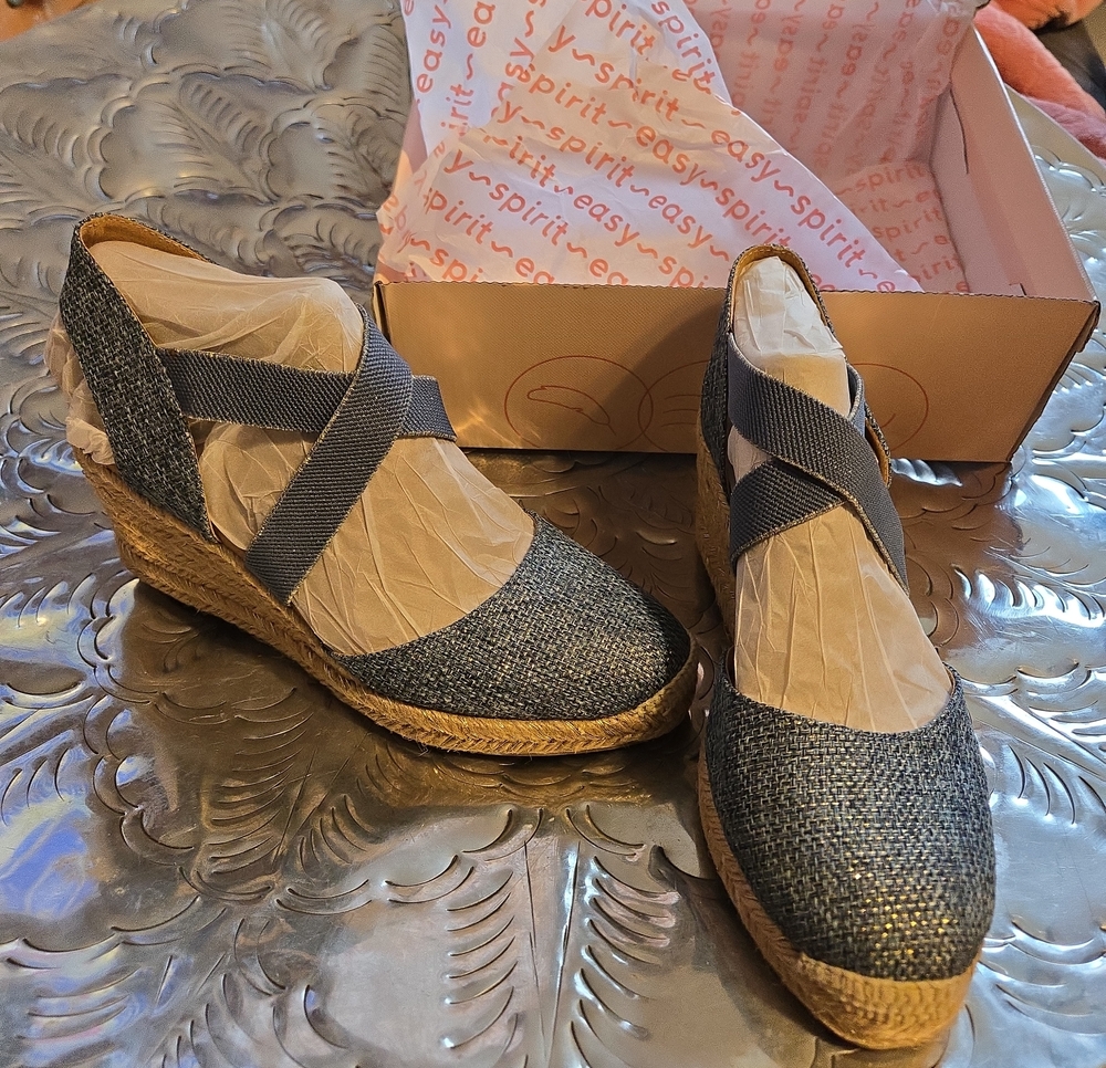 Easy Spirit Blue Espadrille Wedge Sandals with Cross Elastic Straps